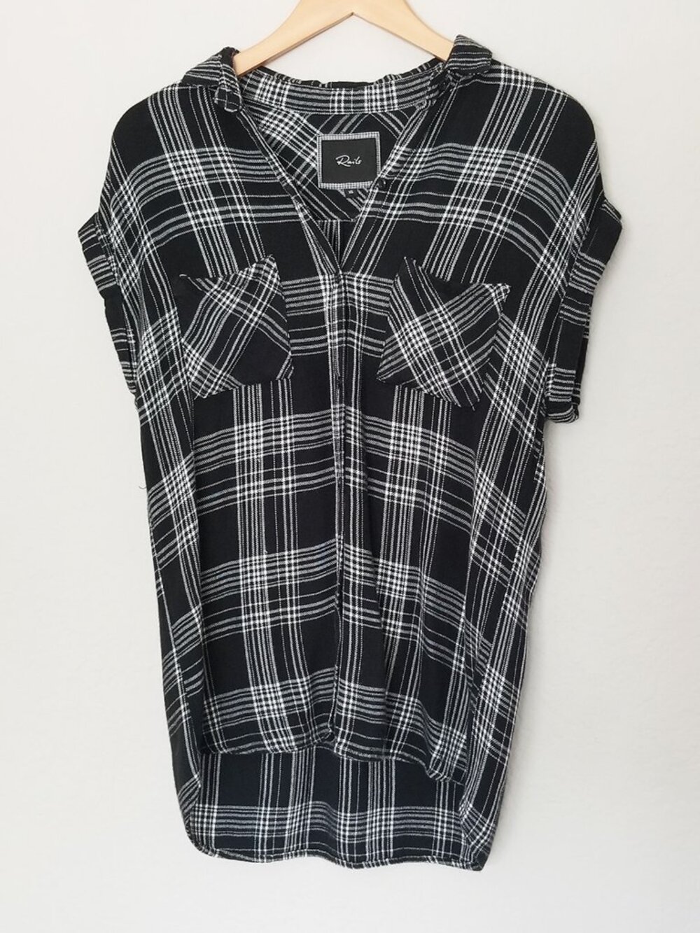 Rails Britt Cap Sleeves Flannel Shirt Button Down Top Black White Size XS $128 - Picture 5 of 15